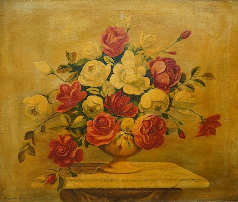 Eugene Brook, oil on canvas, Still life of roses in a vase, signed, together with another late 19th / early 20th century School still life of flowers, unsigned, largest 50 x 60cm. Condition - fair, in need of a clean